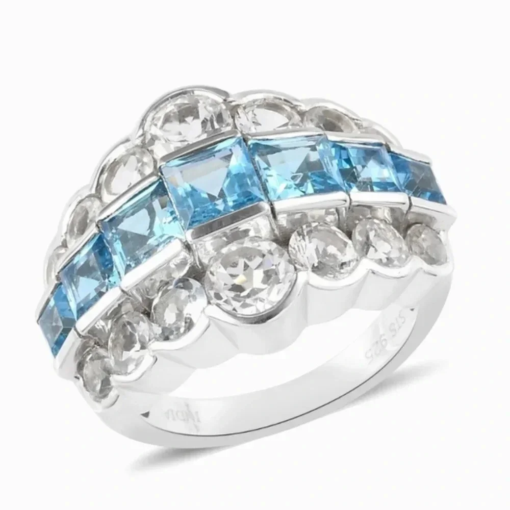 Natural Swiss Blue Topaz & White Topaz Art Deco Style Ring.